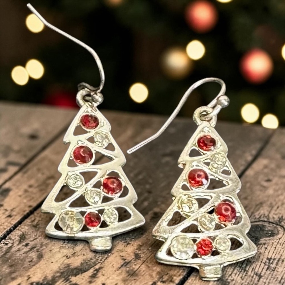 Silver Tone Christmas‎ Tree Earrings Red/Clear Rhinestones Holiday Dangles